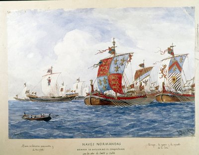 Reprezentacja floty Wilhelma Zdobywcy w XI wieku, statki wojenne, handel, transport pasażerski (Akwarela autorstwa Unknown artist