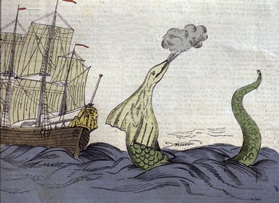 Przedstawienie węża morskiego widzianego przez norweskiego misjonarza Hansa Egede (1686-1758) podczas podróży na Grenlandię. Grawerowanie XVIII wieku autorstwa Unknown artist