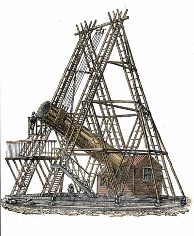 Reprezentacja teleskopu angielskiego astronoma Williama Herschela (1738-1822). Rycina XIX wieku autorstwa Unknown artist