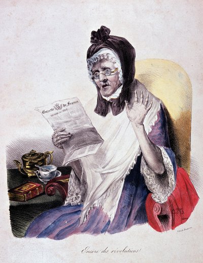 Rewolucja 1830: „Encore des revolutions”” woła stara kobieta czytająca Gazette de France - grawerowanie autorstwa Unknown artist