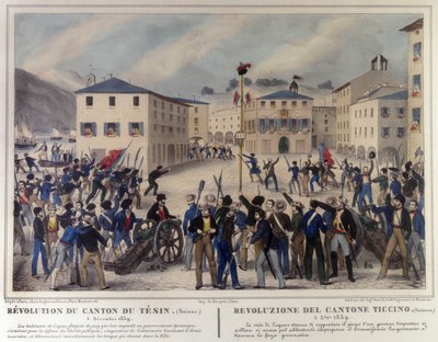 Rewolucja kantonu Ticino w Szwajcarii 5 grudnia 1859 r. Rycina XIX wieku. autorstwa Unknown artist