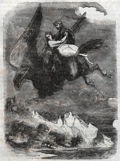 Roger (Ruggero, Ruggiero) i Angelique (Angelica) na hipopazuru - rycina z 1851 r. z „Roland furieux” (Orlando furioso) (XVI w.) Ludovico Ariosto, znanego jako Ariosto - Wydanie przetłumaczone z języka włoskiego przez hrabiego Tressan i opublikuj autorstwa Unknown artist