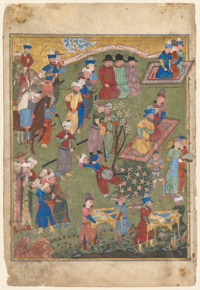 Królewskie przyjęcie w krajobrazie, lewy folio z podwójnego frontyspisu Szahnamy (Księgi Królów) z Firdausi (perski, ok. 940–1019 lub 1025) autorstwa Unknown artist