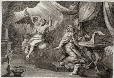 Biblia Royaumont, Nowy Testament: Zwiastowanie Dziewicy. Archanioł Gabriel przybył, aby przekazać wiadomość Maryi. Ilustracja z 1811 roku. autorstwa Unknown artist