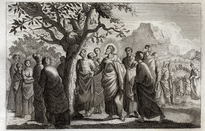 Biblia Royaumonta, Nowy Testament: Nawrócenie Zachee. Jezus Chrystus rozmawiający z Zachee okonia na jaworze. Ilustracja z 1811 roku. autorstwa Unknown artist