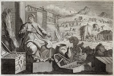 Biblia Royaumont, Nowy Testament: Szaleństwo bogactwa lub przypowieść o bogaczu. Jezus Chrystus wypowiada się przeciwko próżności bogacza, który przyklasnął sobie za swoje wielkie posiadłości i zmarł następnej nocy. Ilustracja z 1811 roku. autorstwa Unknown artist