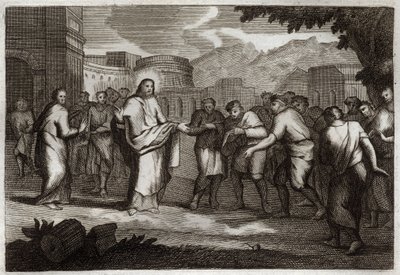 Biblia Royaumonta, Nowy Testament: Dziesięciu trędowatych. Wojownicy Jezusa Chrystusa dziesięciu trędowatych. Ilustracja z 1811 roku. autorstwa Unknown artist