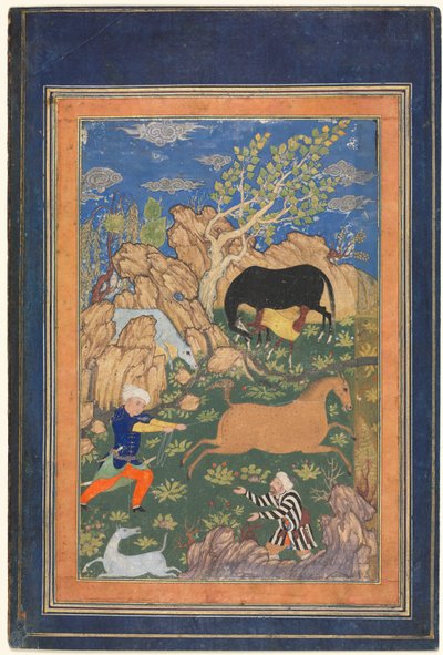 Rustam Lassoing swojego konia, Rakhsh, w krajobrazie (recto) autorstwa Unknown artist
