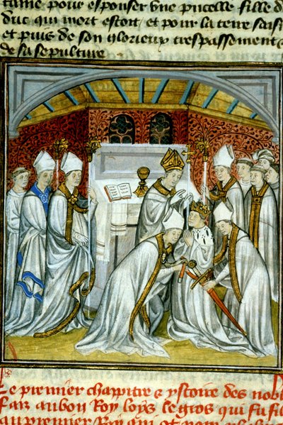 Sacre of Louis VI (1108) - Iluminacja rękopisu na welinie średniowiecza „Wielkie Kroniki Saint-Denis” koniec XIV wieku (ref.512 autorstwa Unknown artist