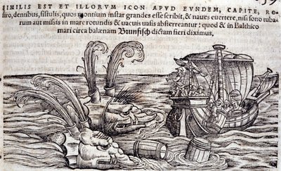 Żeglarze rzucają beczki do morza, aby odwrócić uwagę pościgowych potworów. Grawerowanie w „Historia Animalium” Conrada Gesnera (1516-1565), Tiguri autorstwa Unknown artist