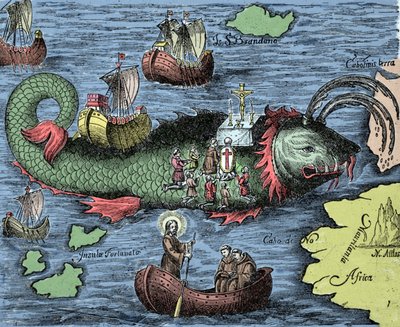 Św. Brendan (Brandan), bohaterowie i święty irlandzki z VI wieku, reprezentuje odprawianie Mszy św. na grzbiecie wielkiego wieloryba Jasconiusa. Legenda mówi, że jego łódź była przewożona na grzbiecie wieloryba. Kolorowy grawerunek z „Nova Tipus Transacto  autorstwa Unknown artist