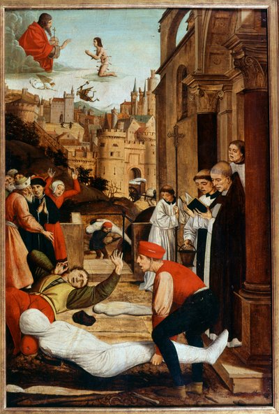 Saint Francois praying during an epidemic of plague during the burial of dead bodies. Anonymous painting autorstwa Unknown artist