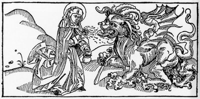 Święta Marta i Taraszek - Grawerowanie z „Leben der Heiligen - sommerteil” (Księga świętego) Jakuba (Jakuba) z Voragine (1228-1298). Lubeka 1488. autorstwa Unknown artist