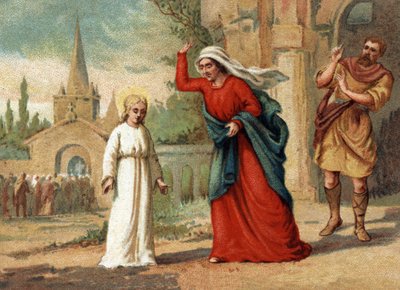 Sainte Genevieve (422-502), patronka Paryża wykorzystywana przez matkę. Chromolitografia około 1890 r. autorstwa Unknown artist