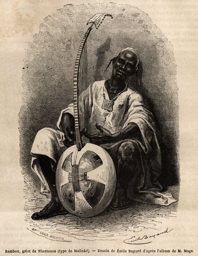Sambou, griot z Niantanso (Mali) (typ Malinke: język zachodnioafrykański (Gwinea, Senegal, Mali i Wybrzeże Kości Słoniowej), poeta, muzyk, historyk i gawędziarz, griot jest depozytariuszem zbiorowej pamięci narodu. aby zilustrować historię autorstwa Unknown artist