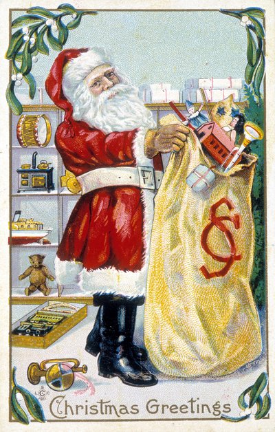 Mikołaj przygotowuje prezenty - kartka świąteczna. Amerykańska kartka z życzeniami sd. koniec XIX wieku. autorstwa Unknown artist