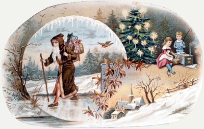 Mikołaj przynosi dzieciom prezenty. chromolitografia z końca XIX wieku. autorstwa Unknown artist