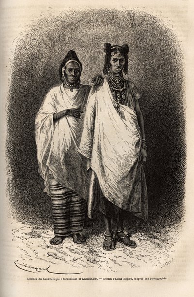 Sarakoleki i Kassonkeski, ludność Górnego Senegalu, w tradycyjnych strojach. Rycina ilustrująca rejs po wybrzeżu Afryki, wiceadmirała Fleuriot de Langle, w 1868 r., opublikowana w „” Le tour du monde””” 1872, pod redakcją Edouarda Chartona autorstwa Unknown artist