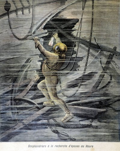 Scaphandrier szuka wraków w Le Havre. ilustracja „Petity Journal” z 1892 roku. autorstwa Unknown artist