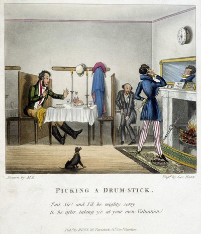 Scena przedstawiająca trzech mężczyzn w angielskiej restauracji. Jeden z nich (siedzący mężczyzna), pijany, ironicznie przeprasza mężczyznę patrzącego na siebie w lustrze za kradzież jego porcji kurczaka. Ilustracja M.E. z końca XIX wieku. autorstwa Unknown artist
