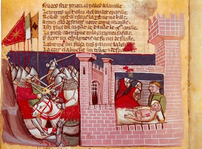 Scena bitwy pod Roncesvaux w 778. Bitwa pomiędzy armią Karola Wielkiego a Saracenami, w której zginął rycerz Roland. Jest przedstawicielem po prawej. Miniatura z kodeksu „Entrée d