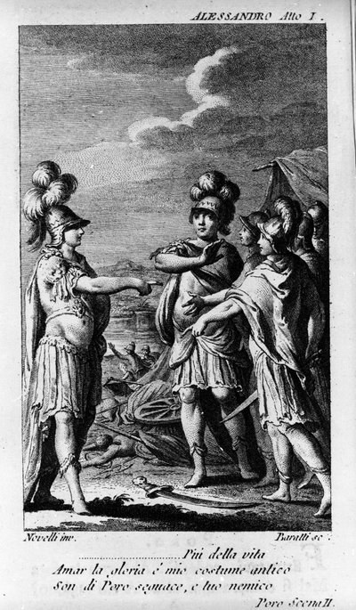 Scena pierwszego aktu „” Alexandre aux Indies” (Alessandro nelle Indie), opery kompozytora Niccolo Vito Piccinniego (lub Piccinniego) (1728-1800) (1758) według libretta Pietro Metastasio (Metastase). Rycina z końca XVIII wieku autorstwa Unknown artist