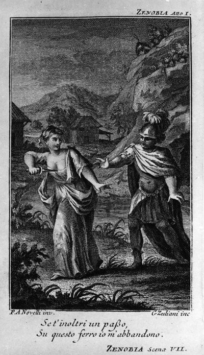 Scena pierwszego aktu „Zenobie”, opery kompozytora Niccolo Vito Piccinniego (lub Piccinniego) (1728-1800) (1756) według libretta Pietra Metastasia (Metastase). Rycina z końca XVIII wieku autorstwa Unknown artist