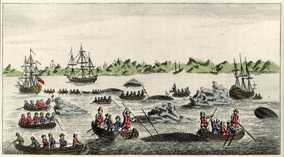 Scena łowienia wielorybów na Grenlandii w XVIII wieku, popularny druk anonimowy z tego okresu autorstwa Unknown artist