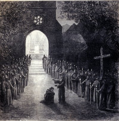 Scenografia do ostatniej sceny II aktu do opery „La forza del destino” (Siła przeznaczenia) włoskiego kompozytora Giuseppe Verdiego (1813-1901) do wykonania w Operze Paryskiej autorstwa Unknown artist