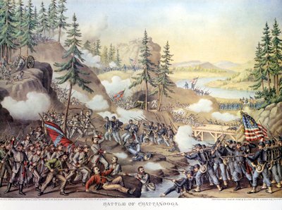 Wojna secesyjna (1861 - 1865) lub American Civil Giuerre: 24-25.11.1863: po dwóch dniach bitwy pod Chattanooga w stanie Tennessee, zwycięstwo Armii Północnej dowodzonej przez generała Rosecransa. Rytownictwo. autorstwa Unknown artist