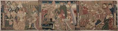 Fragment haftowanego fryzu: Aswerus i Estera, Papież wyzywający cesarza, Henryk VIII depczący po szyi papieża autorstwa Unknown artist