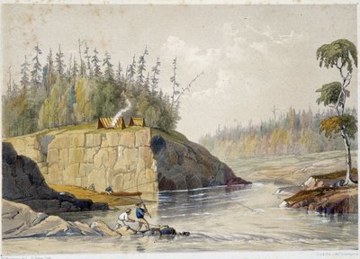 Osadnicy w Kanadzie łowią ryby w rzece - w „Szkice na nipisaguit rzece Nowego Brunszwiku w Ameryce” Williama Hickmana, wyd. Halifax autorstwa Unknown artist