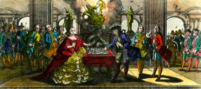 Wojna siedmioletnia: alegoria przedstawiająca Marię Teresę z Austrii (1717-1780) i Fryderyka Pruskiego (1712-1786) grającego w szachy. Rycina XVIII-wiecznej kolekcji prywatnej autorstwa Unknown artist