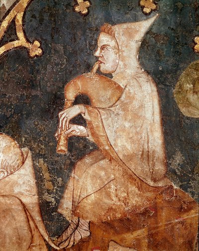 Pasterz dmuchanie w dudy Szczegółowo. Fresk z XIV wieku. Z Muzeum Nawarry Olite (Nawarra), Pampeluna autorstwa Unknown artist