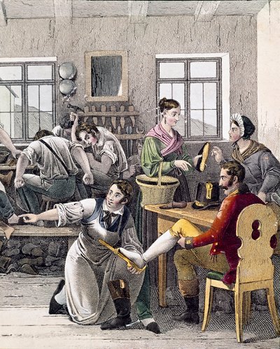Sklep szewca (mężczyzna mierzy stopę) autorstwa Unknown artist