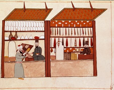 Sklepy na ulicach Konstantynopola. Miniatura zaczerpnięta z XIX-wiecznego rękopisu Cicogna (1828) po oryginale z XVII wieku (1671). Wenecja, Biblioteca Marciana autorstwa Unknown artist
