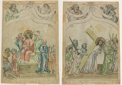 Pojedynczy liść z „Biblia Pauperum”: Chrystus ukoronowany cierniami (recto) Chrystus dźwigający krzyż (verso) autorstwa Unknown artist