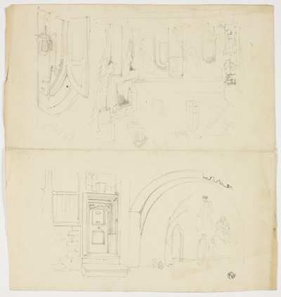 Szkice drzwi, postaci, budynku z bocznym wejściem do kościoła (recto); szkic iglicy (verso) autorstwa Unknown artist