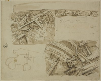Szkice różnych obiektów, w tym kotwicy autorstwa Unknown artist