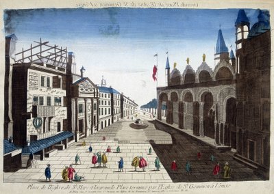 Plac przy kościele św. Marka i Wielki Plac zakończony kościołem św. Geminina w Wenecji. Rycina z XVIII wieku. autorstwa Unknown artist