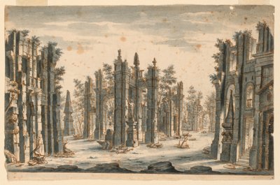 Scenografia, Zespół Zrujnowanych Budynków z Obeliskami autorstwa Unknown artist