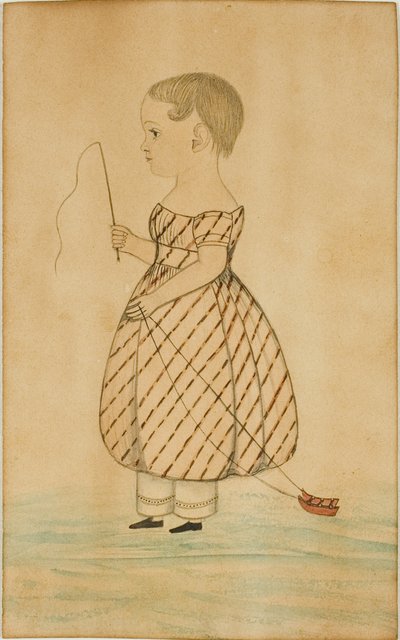 Stojąca dziewczyna w profilu po lewej z batem i zabawkowymi saniami autorstwa Unknown artist