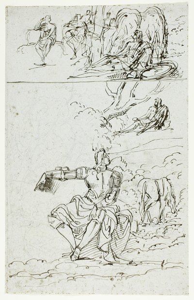 Plansza studyjna z siedzącym rycerzem (recto); stojąca postać męska w średniowiecznym stroju (verso) autorstwa Unknown artist