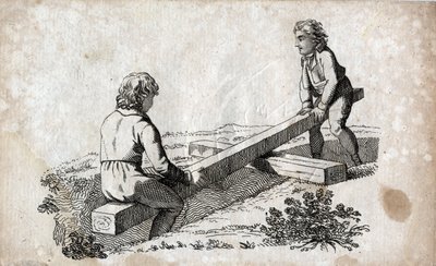 Huśtawka: dwoje dzieci na taśmie doczołowej (taśma doczołowa) Rycina koniec XVIII wieku. Prywatna kolekcja. autorstwa Unknown artist