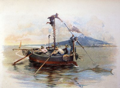 Miecznik łowiący harpunem w Detroit of Messina na Sycylii. Akwarela 1898 autorstwa Unknown artist