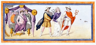 Talthybios i Eurybates zabierają dziewiczą Briseis przed Achillesa, który stoi w namiocie Myrmidonów. Iliada Chant I, t. 345. Rycina z końca XVIII wieku. autorstwa Unknown artist
