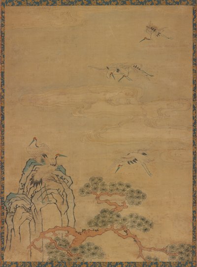 Gobelin z żurawiami, skałami, sosnami i chmurami autorstwa Unknown artist