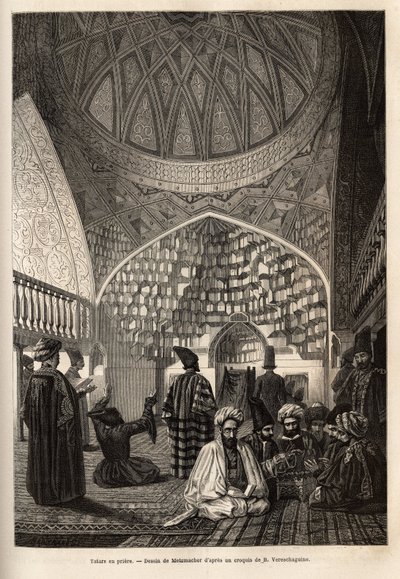 Tatarzy na modlitwie, w meczecie Schusha (Zakaukazie, Rosja). Rycina ilustrująca podróż po prowincjach Kaukazu, Basile Vereschaguine, w latach 1864-1865, opublikowana w „”le tour du monde””, pod kierunkiem D
