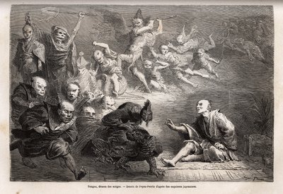 Tengu czyli demon snów, pomniejszy bóg japońskiego folkloru, zoomorf, przybiera postać kruka, obdarzonego magicznymi mocami, jest popularnym tematem sztuki, teatru i literatury w Japonii. Grawer ilustrujący podróż do Japonii w latach 1863-1864 autorstwa Ai autorstwa Unknown artist