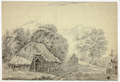 Kryta strzechą szopa na farmie autorstwa Unknown artist